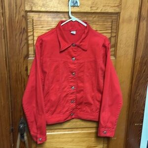 Large Red Jean Jacket with stretch 2 pockets at waist decorative silver buttons